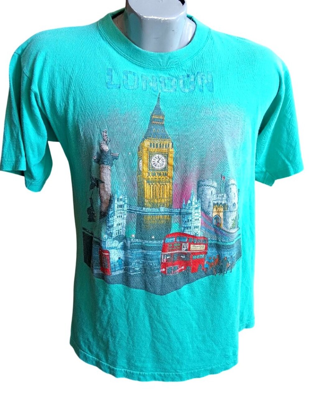 True Vintage T-shirt Large Single Stitch London Big Ben Double-Decker Bus Green